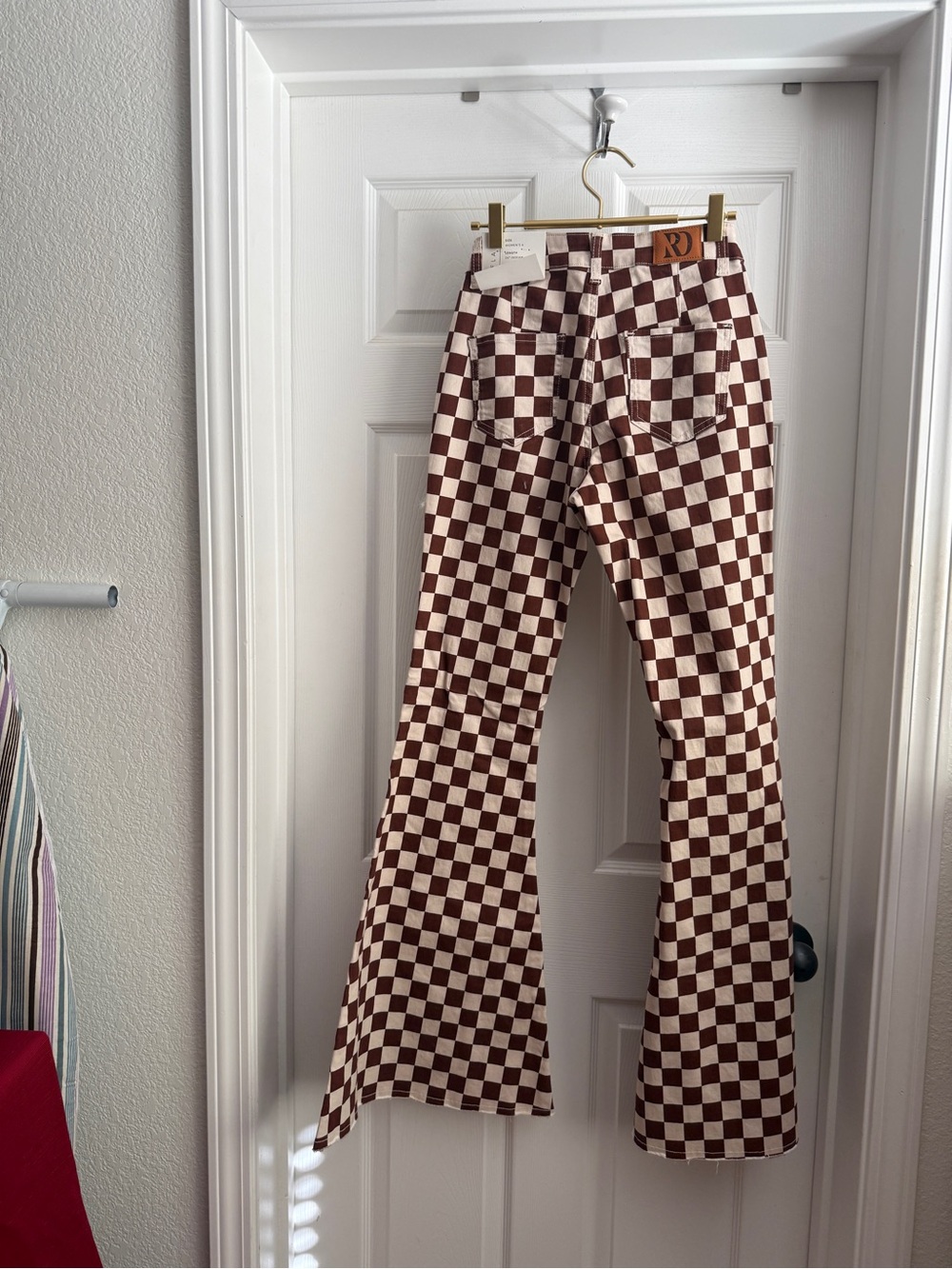 Checkerboard Brown and White Women’s Flared Pants